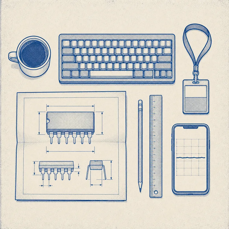 An engineer's desk seen from above: keyboard, coffee, employee badge, a drawing, and a phone showing a chart
