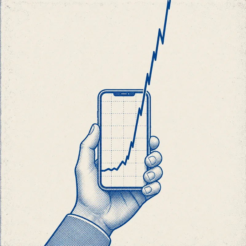 A hand holding a phone with a chart line bursting upward off the screen