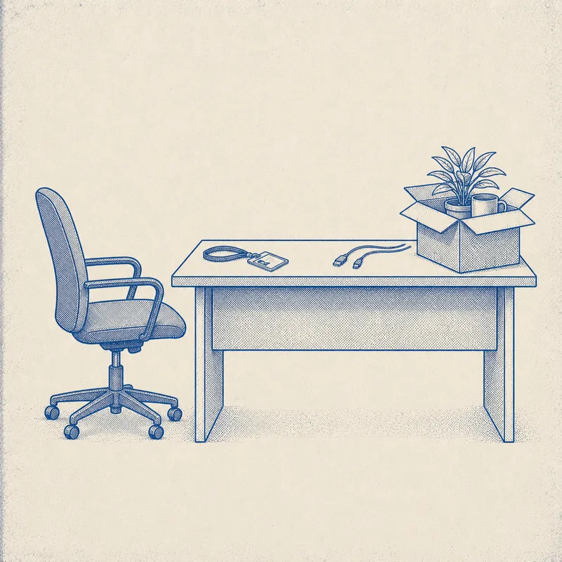 An empty office chair, a packed cardboard box and a badge left on the desk