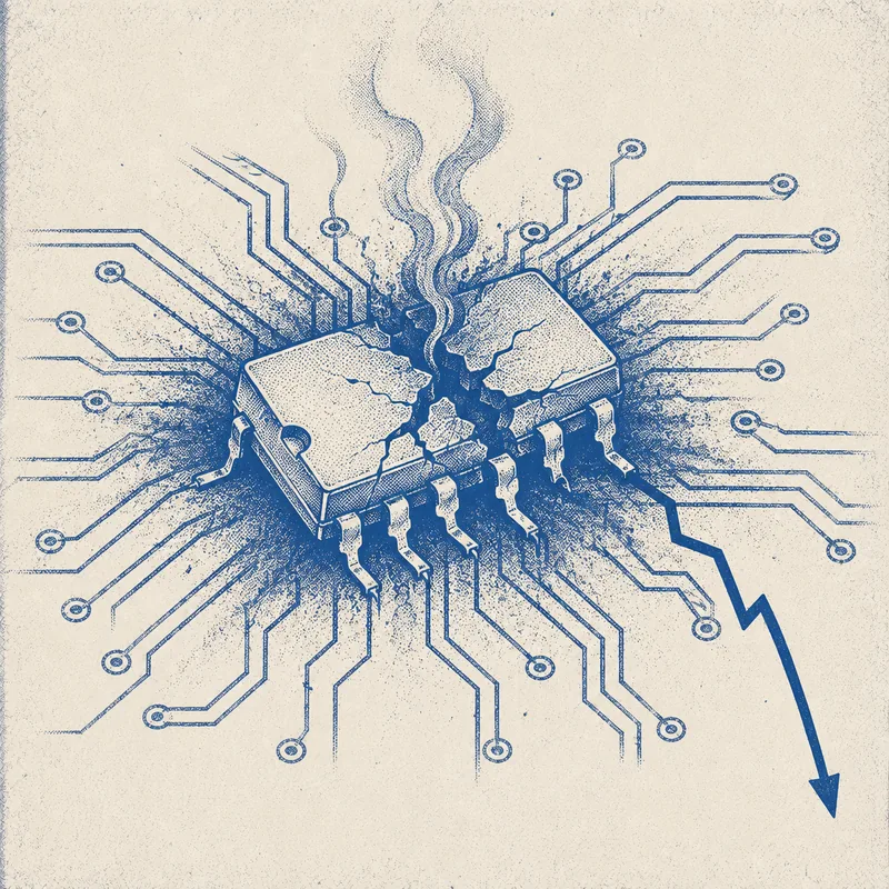 A melting integrated circuit smoking on a circuit board